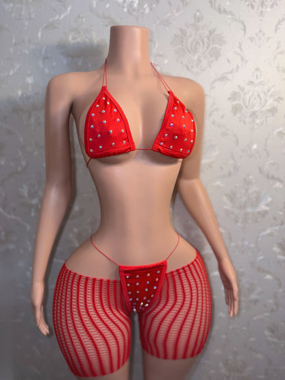 Chloe Rhinestone 3 Piece Bikini Set and Cut Off Fishnet Shorts