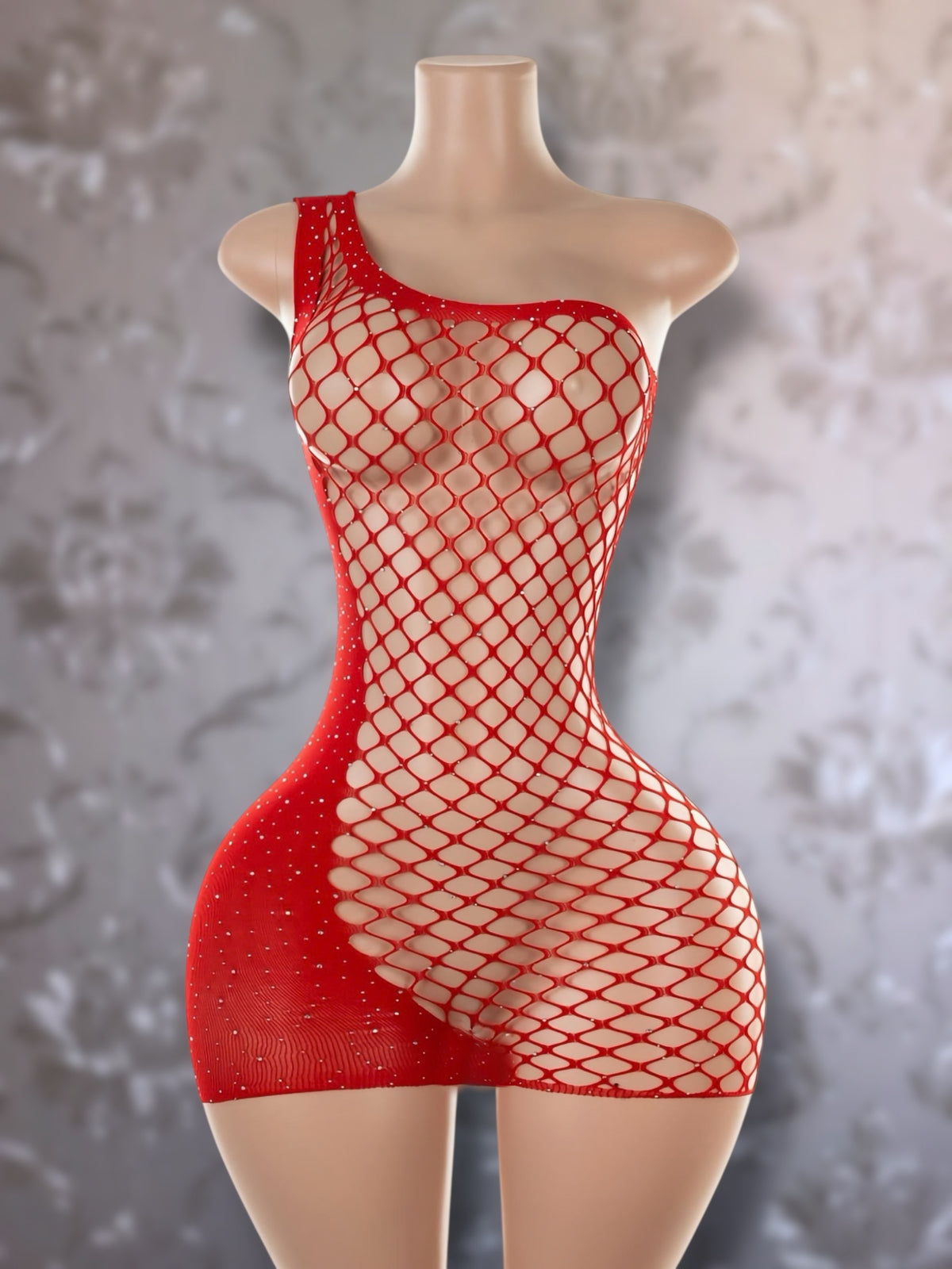 Holiday Bedazzled Dress Asymmetrical Fishnet Fits XS-M