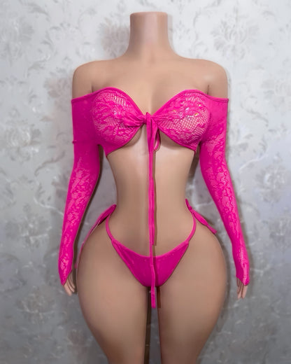 Venus Fishnet 2 Piece Long Sleeve Top and Thong Fits XS-L