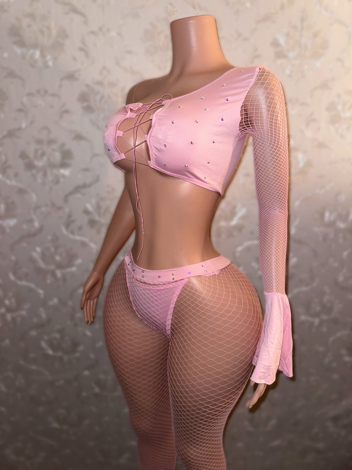 Innocence Asymmetrical Bell Sleeve Fishnet Pant Set Fits S-M