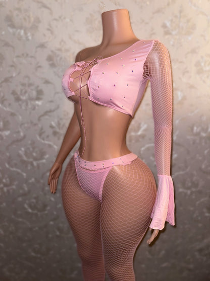 Innocence Asymmetrical Bell Sleeve Fishnet Pant Set Fits S-M