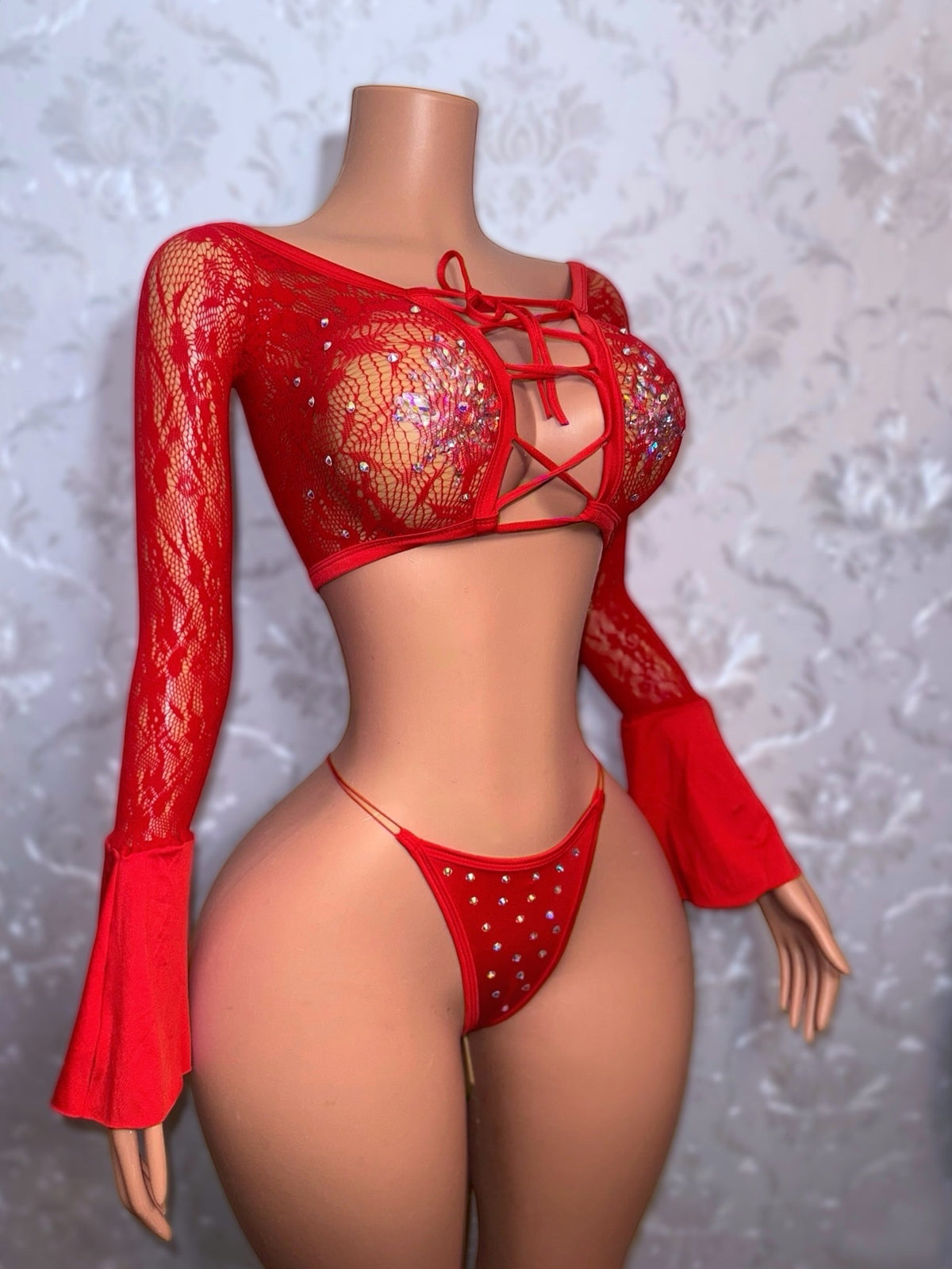 Bella Don — Lace Fishnet 2 Piece Bell Sleeve Set Optional Rhinestones Fits XS-L