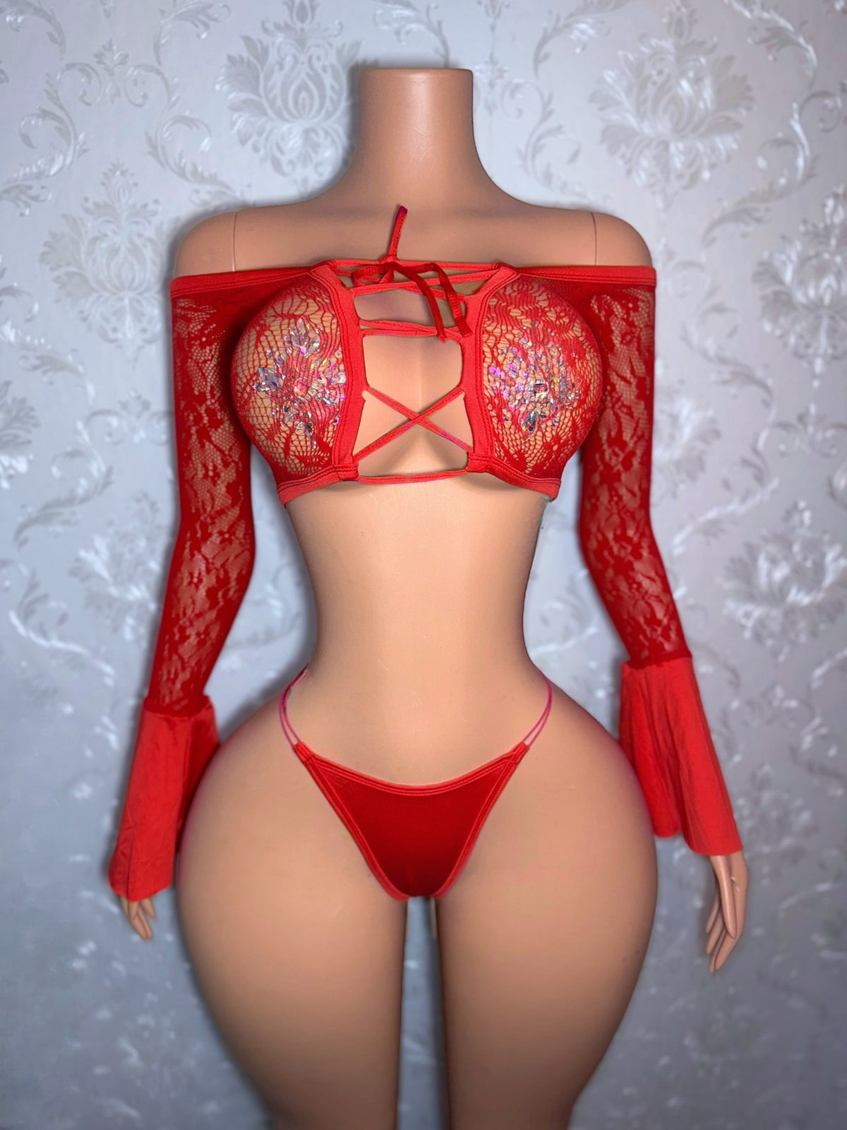 Bella Don — Lace Fishnet 2 Piece Bell Sleeve Set Optional Rhinestones Fits XS-L