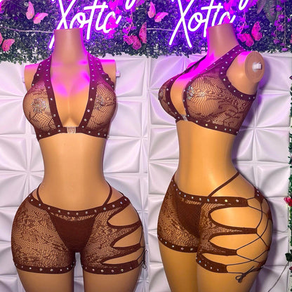 Ms. Daisy 3 Piece Fishnet Shorts Set With Thong Fits S-XL
