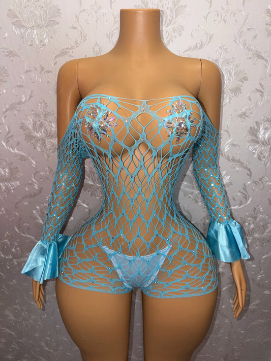 Kayla Off Shoulder Rhinestone Fishnet Romper Satin Flare Sleeves Fits XS-M