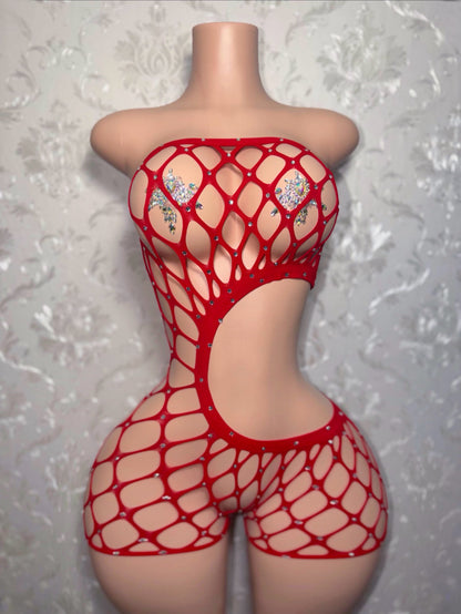 Bossy Cut Out Fishnet Romper Fits XS-L