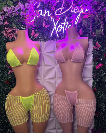 Chloe 3 Piece Set Plain Bikini and Cut Off Fishnet Shorts