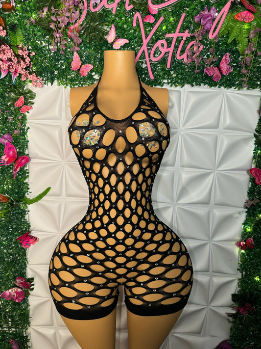 I Like Money Halter Fishnet Romper Fits XS-XL