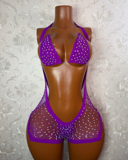 Plain Jane Diamond Fishnet Overalls and Mesh Bikini 3 Piece Set Fits XS-L