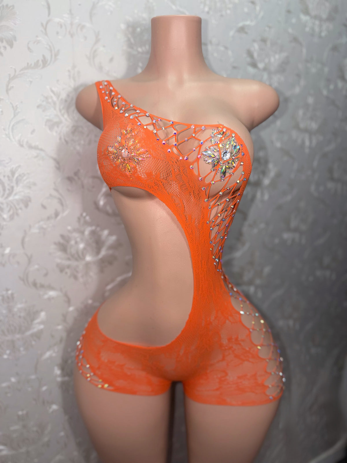 Lace Detail Fishnet Romper Optional Rhinestones Fits XS-XL