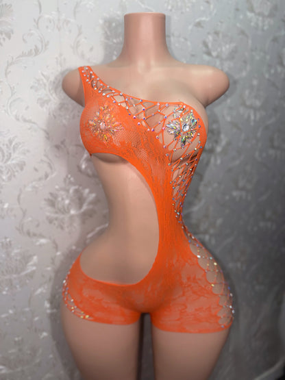 Lace Detail Fishnet Romper Optional Rhinestones Fits XS-XL