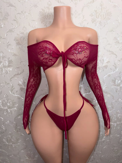 Venus Fishnet 2 Piece Long Sleeve Top and Thong Fits XS-L