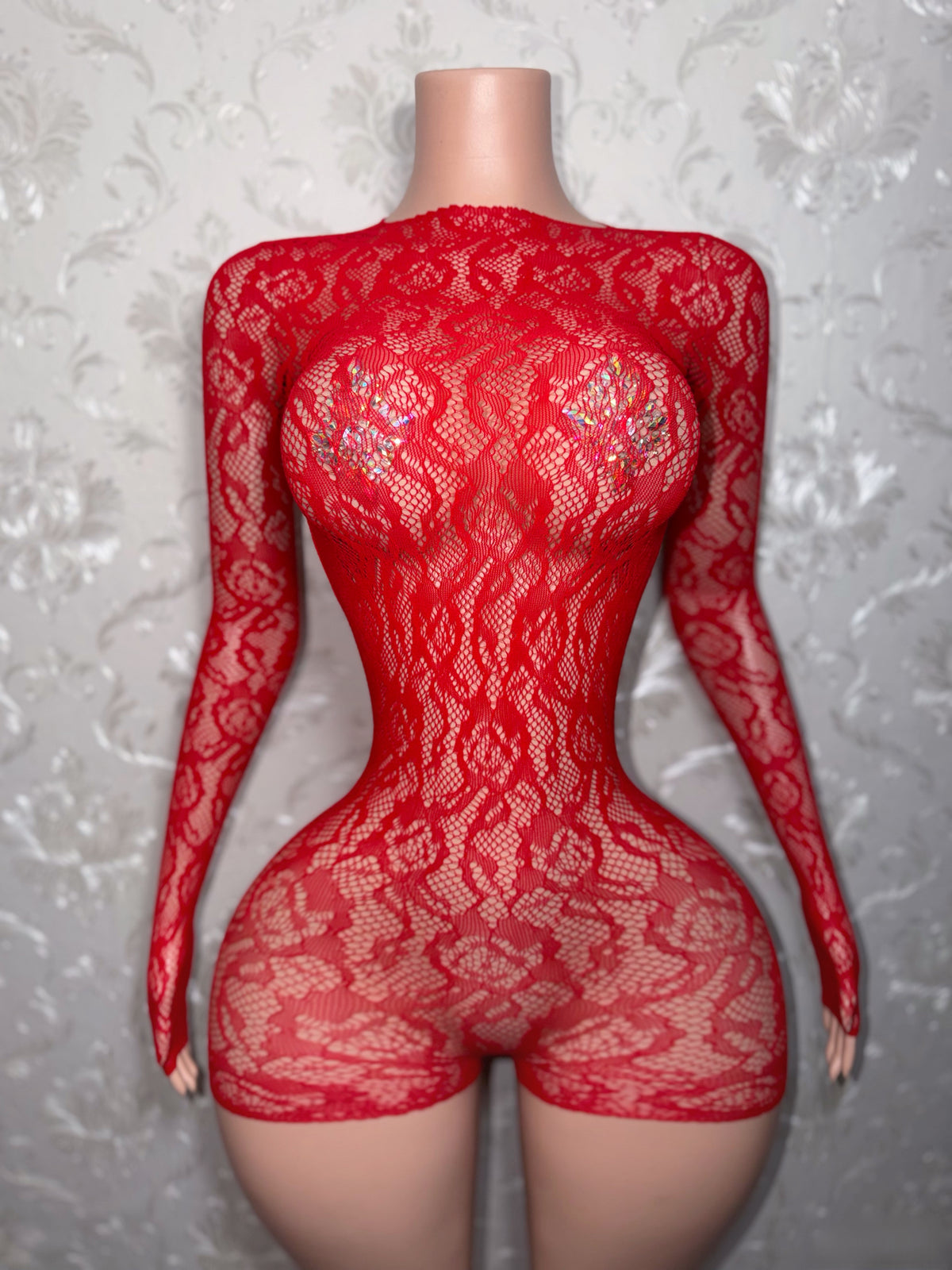 Suriyah Long Sleeve Backless Rose Fishnet Romper Fits XS-L