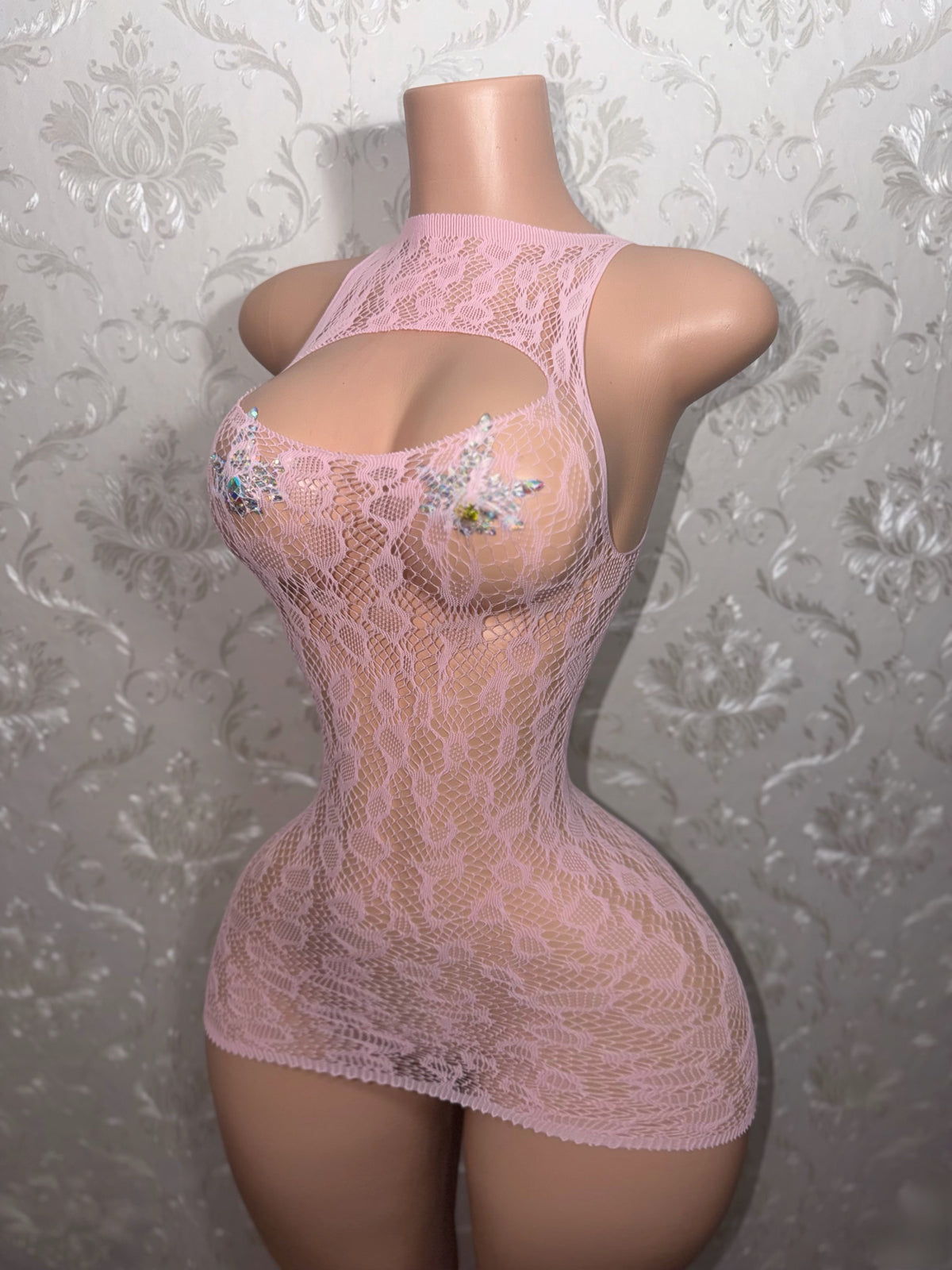 Baby Pink Royalty Plain Cheetah Fishnet Dress Fits XS-L