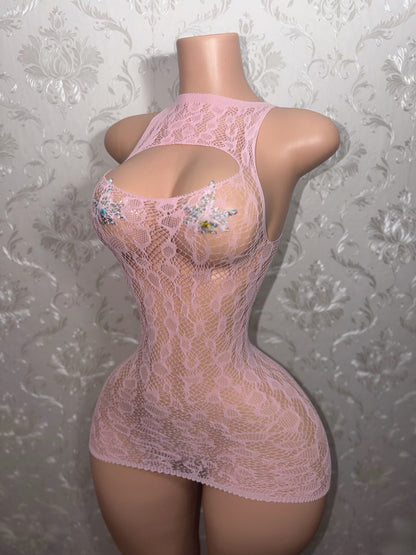Baby Pink Royalty Plain Cheetah Fishnet Dress Fits XS-L