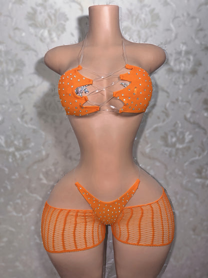 Riyah 3 Piece Set Rhinestone Mesh Kini with Cut-Off Fishnets Fits S-XL
