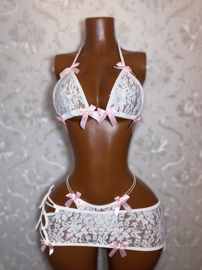 White Kawaii Barker 3 Piece Floral Lace Skirt Set Fits XS-M