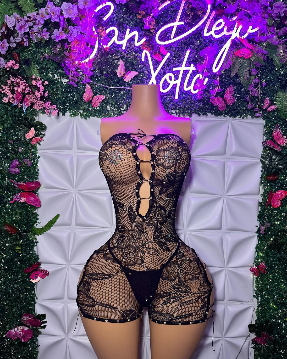 Gigi Lace Fishnet Romper Set with Thong Fits XS-XL