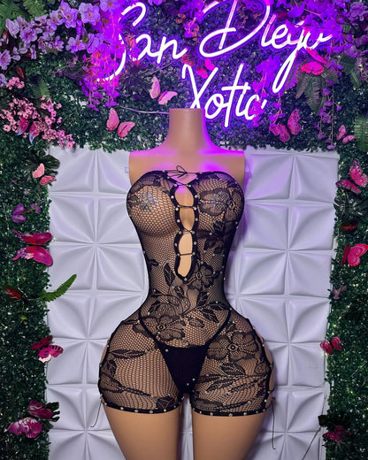 Gigi Lace Fishnet Romper Set with Thong Fits XS-XL