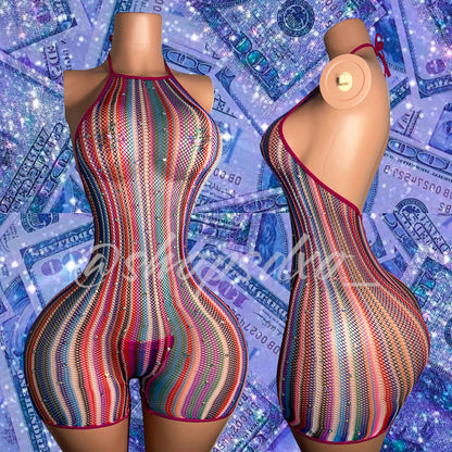 Onika Multicolor Fishnet Romper Fits M