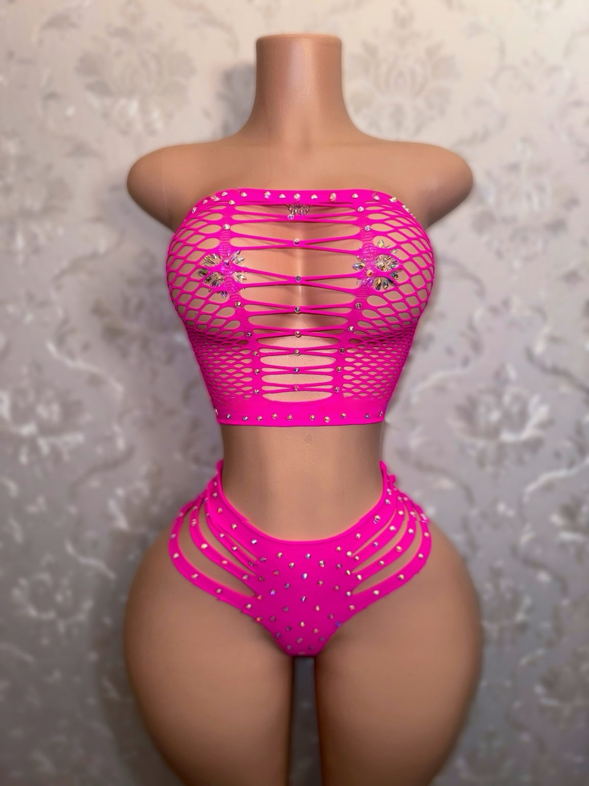 Natina Cheeky Fishnet Bra and Thong Set With Rhinestones Fits All