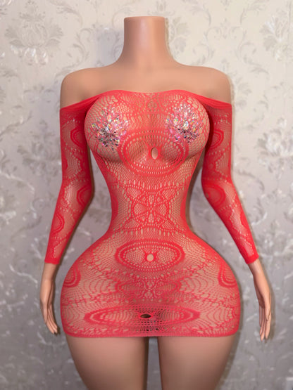 Eye of the Tiger Off Shoulder Fishnet Dress Fits XS-L