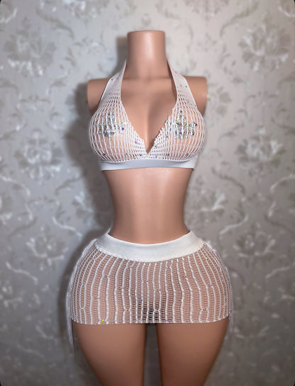 Kimmie Rhinestone Tassel Fishnet Skirt Set Fits S-L