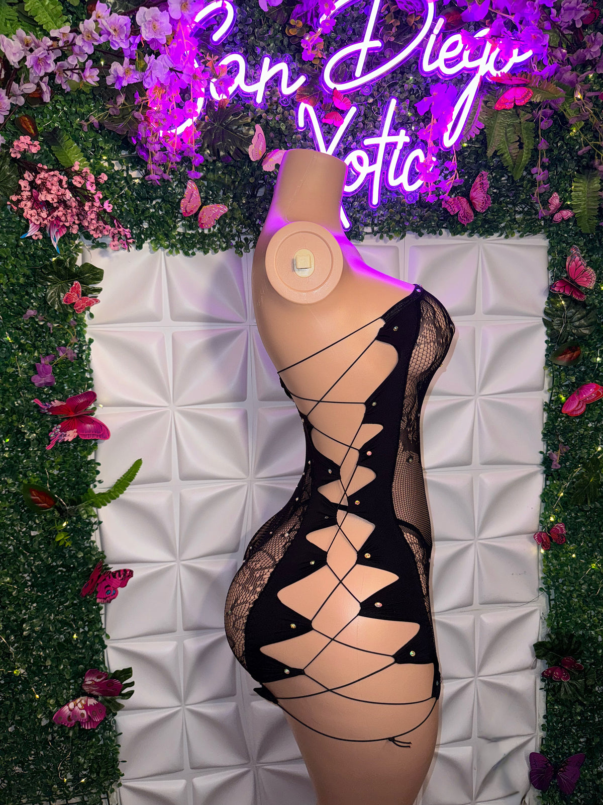 XTC Diamond Floral Lace Fishnet Romper Set with Thong Fits XS-L