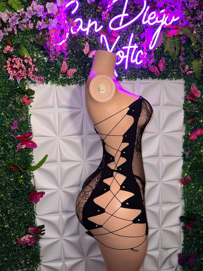 XTC Diamond Floral Lace Fishnet Romper Set with Thong Fits XS-L