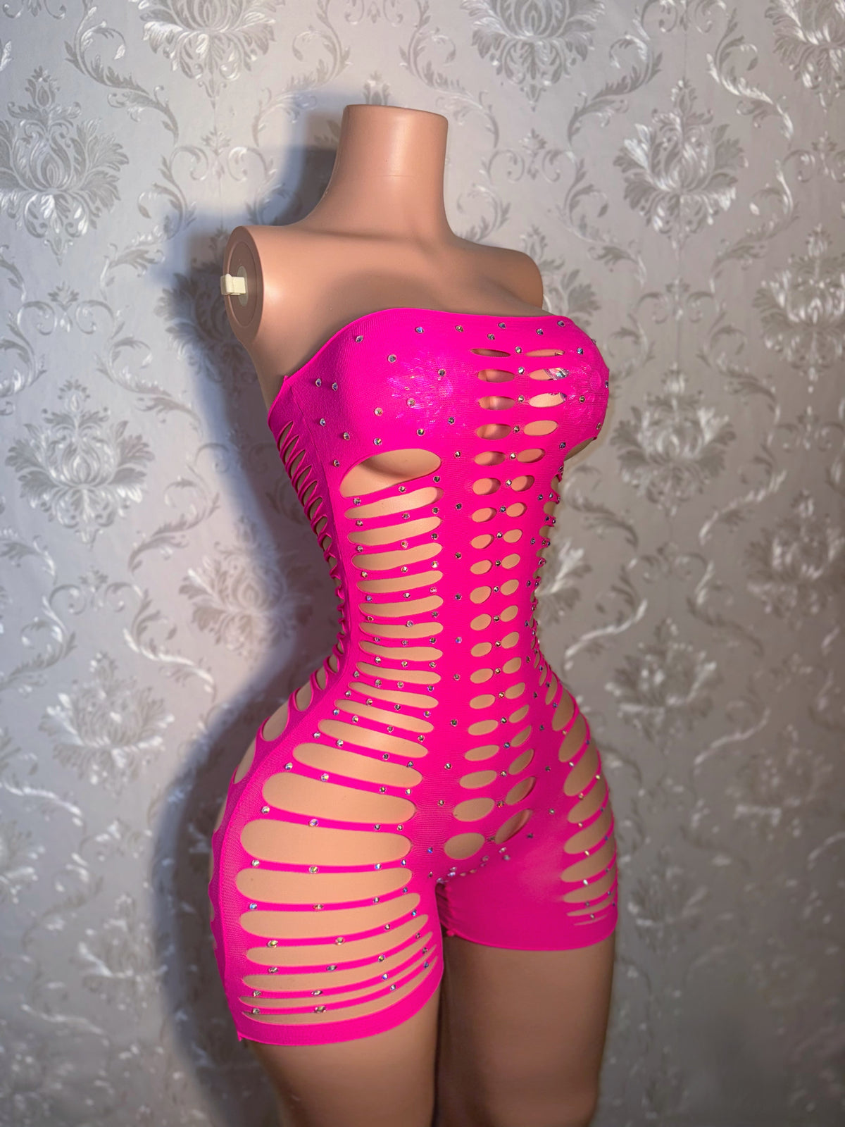 Monique Fishnet Slits Romper Fits S-XL