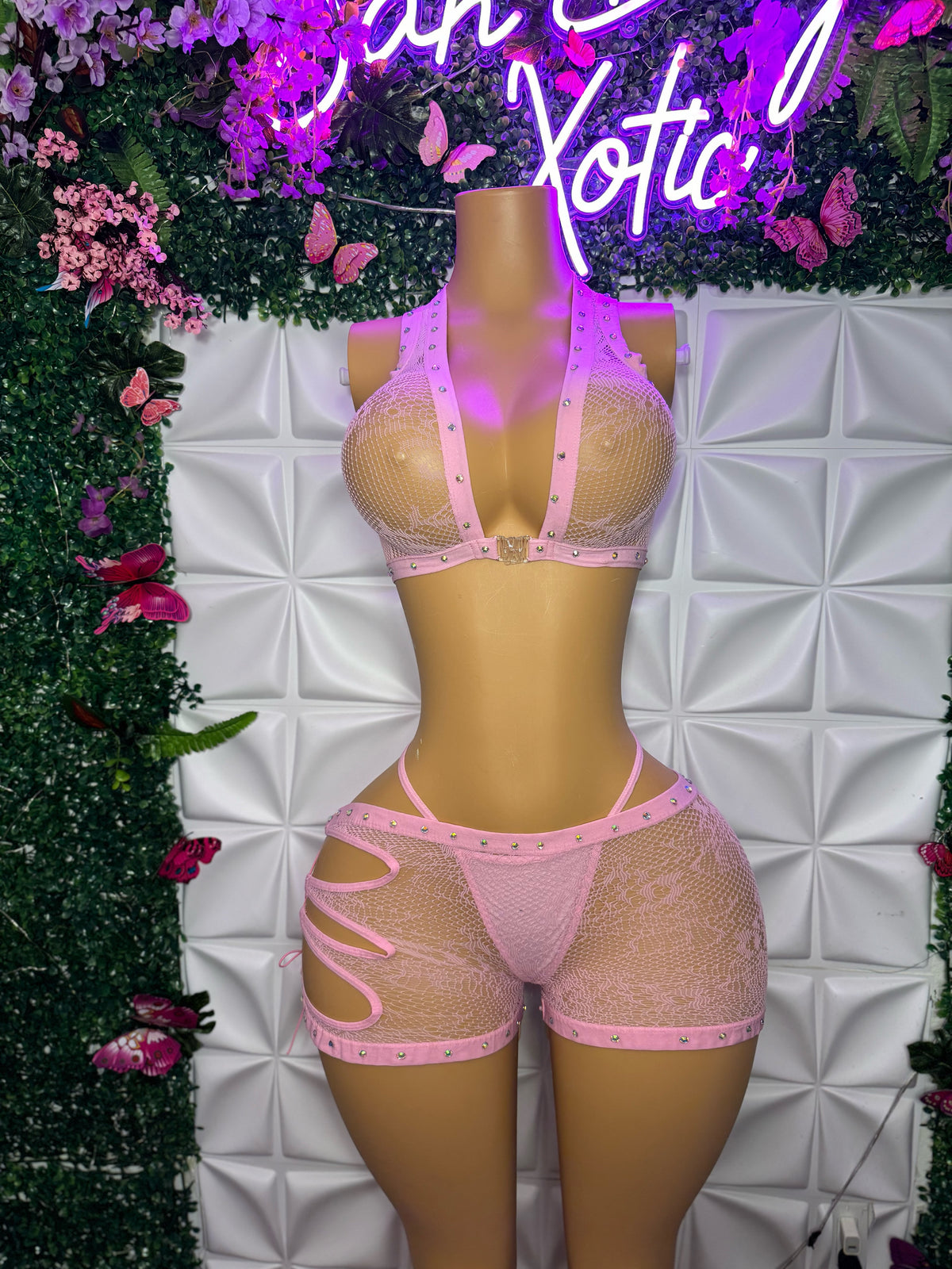 Ms. Daisy 3 Piece Fishnet Lace Shorts Set Front Clasp Bra & Thong