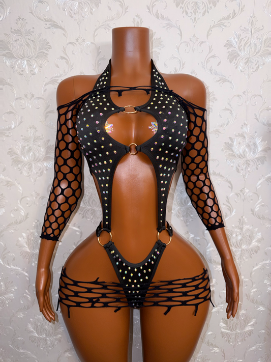 Sadé Rhinestone One Piece & Fishnet Shrug 3 Piece Set Fits S-L