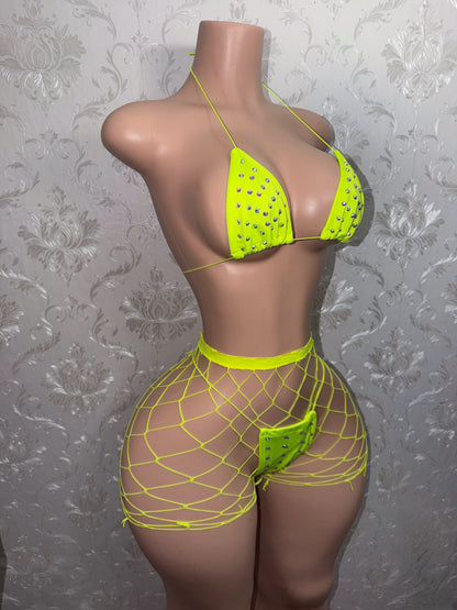 Martina 3 Piece Bikini and Fishnet Shorts Fits XS-L