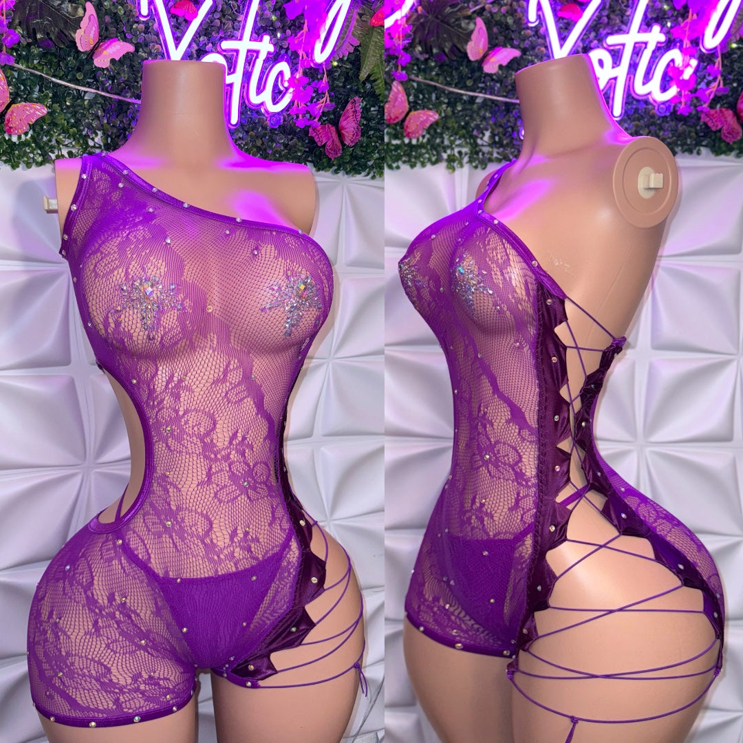 XTC Diamond Floral Lace Fishnet Romper Set with Thong Fits XS-L