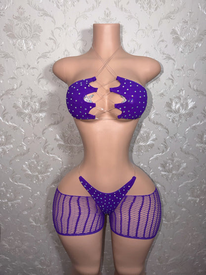 Riyah 3 Piece Set Rhinestone Mesh Kini with Cut-Off Fishnets Fits S-XL