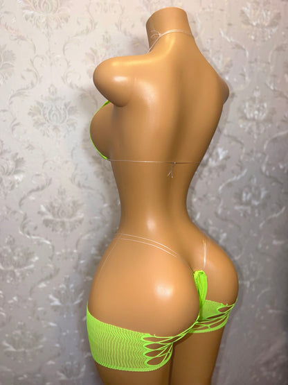 Kiwi Rhinestone 3 Piece Includes Cut Off Fishnet Shorts