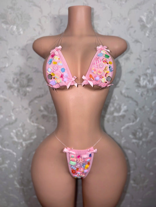 Candy Girl Charm Bikini With Baby Pink Bows and Clear Cord