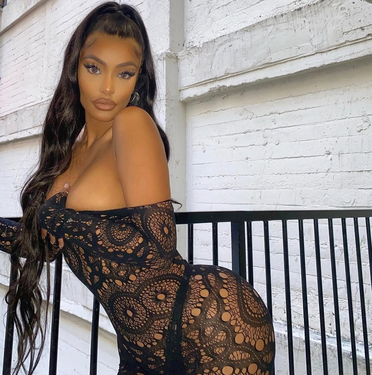 Eye of the Tiger Off Shoulder Fishnet Dress Fits XS-L