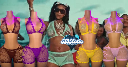 Ms. Daisy 3 Piece Fishnet Lace Shorts Set Front Clasp Bra & Thong