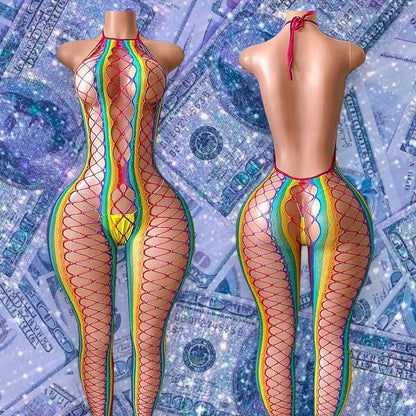Giana Halter Fishnet Bodystocking Optional Rhinestones Fits XS-L