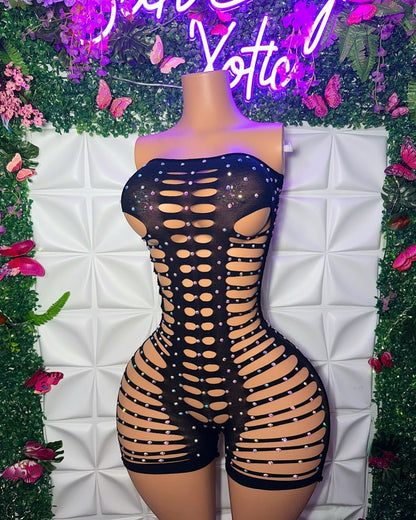 Monique Fishnet Slits Romper Fits S-XL