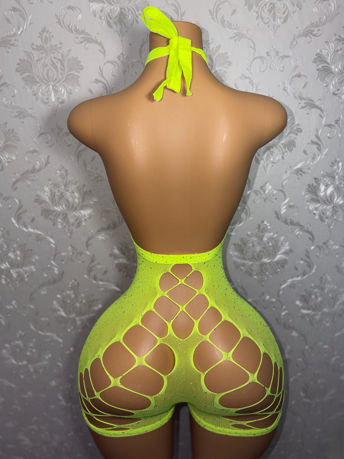 Dollas Diamond Sheer Fishnet Romper Fits XS-XL