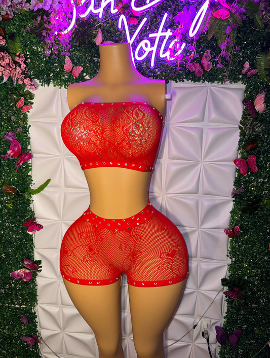 Queen of Hearts Red Fishnet Mesh Shorts Set Fits XS-L