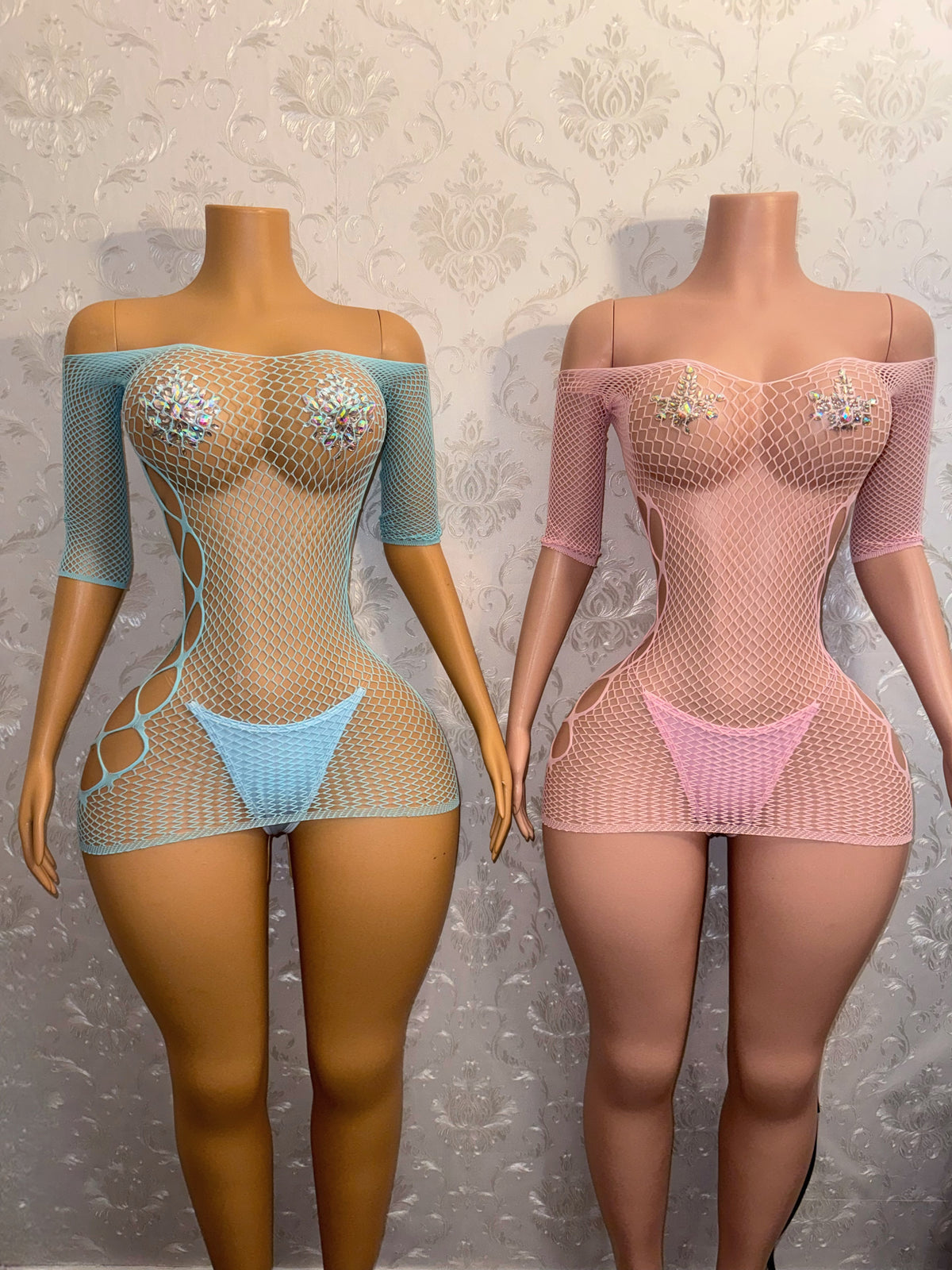 Teyana Fishnet Dress Optional Thong Fits XS-L