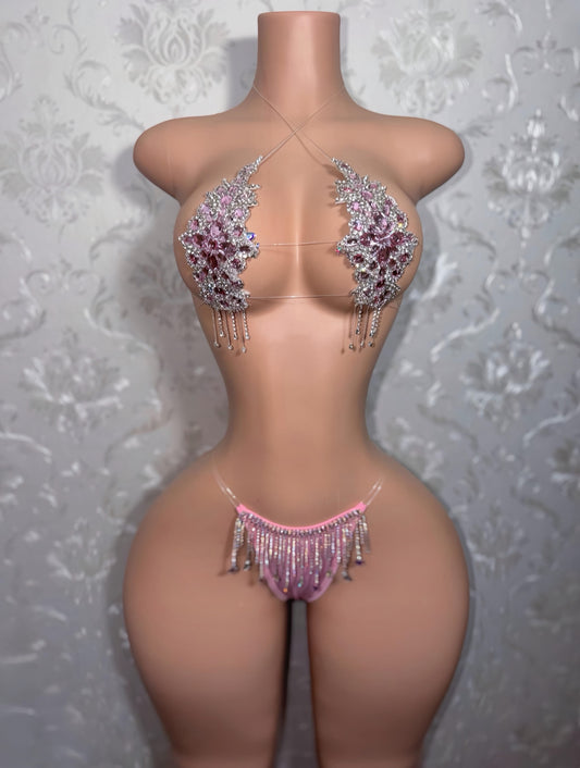 Baby Pink Dripping In Diamonds Crystal Bikini Birthday Set Upgraded Tassels