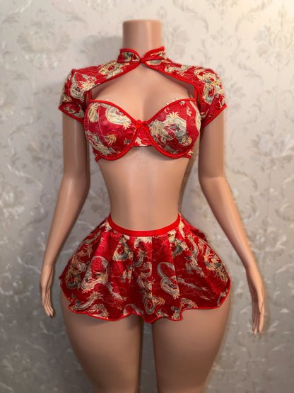 Chinese Dragon 5 Piece Set With Sheer Red Stockings
