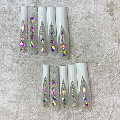 XXXL White Tip Tapered Square With Bling Press On Nails