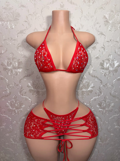Kawaii Barker 3 Piece Floral Lace Skirt Set With Rhinestones Fits XS-M