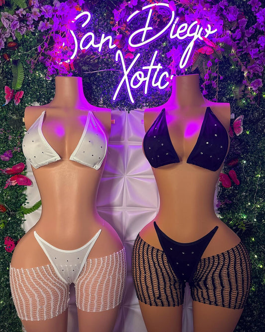 Chyna 3 Piece Set Triangle Bikini with Stones & Cut-Off Fishnets