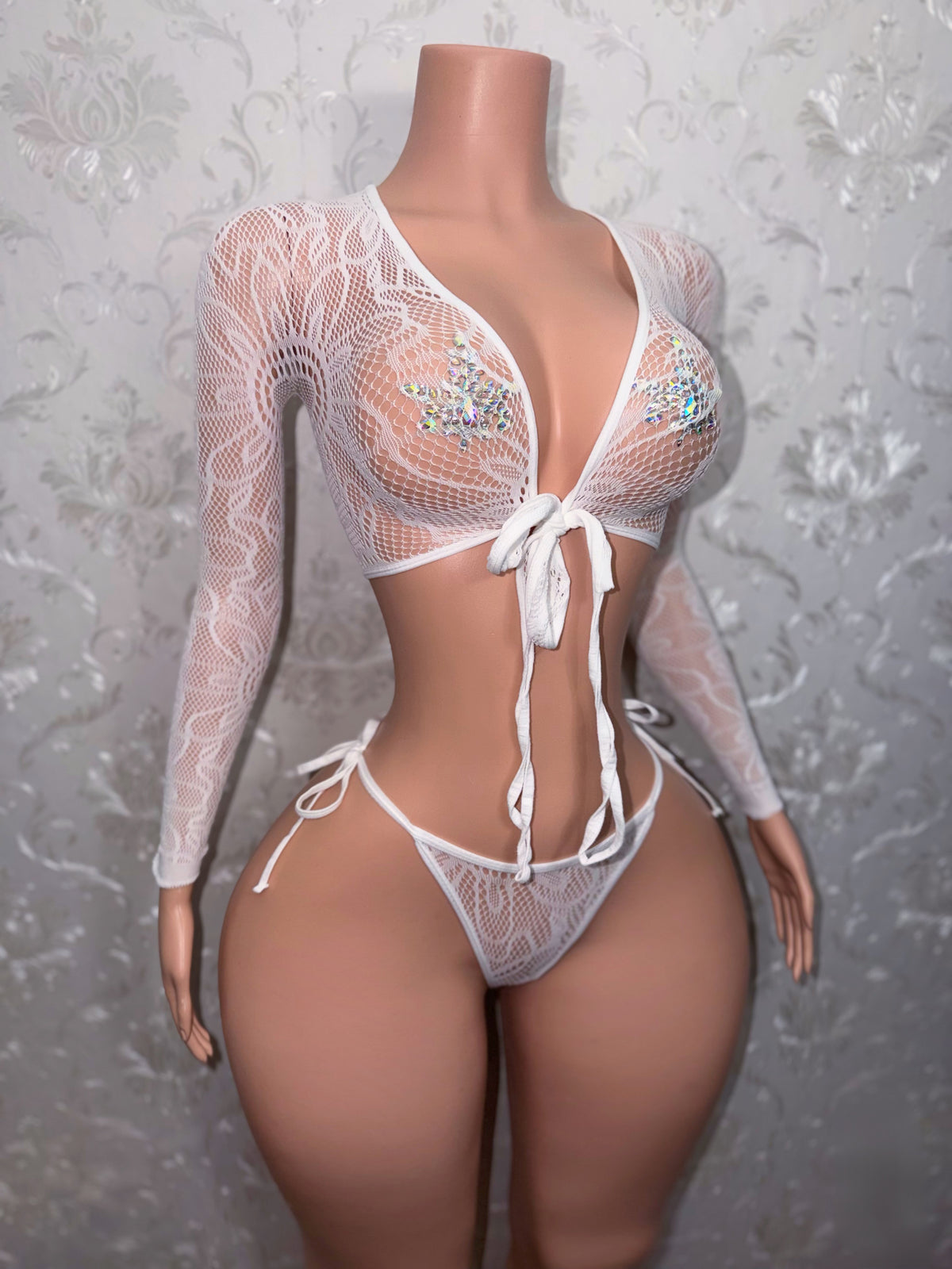 Venus Fishnet Criss Crossed Long Sleeve Top and Thong Fits XS-L